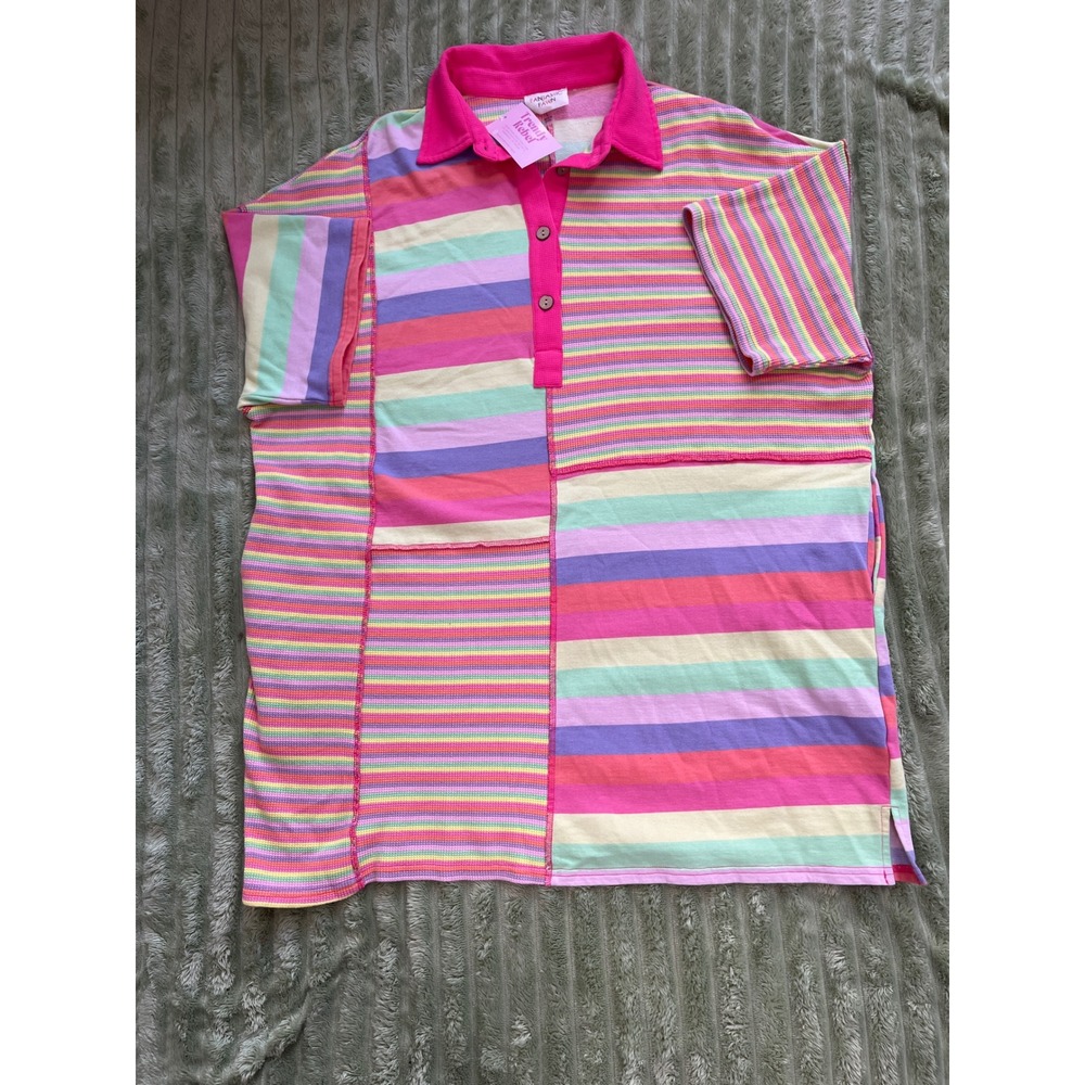 Fantastic Fawn Natalie Striped Polo Dress Pink Multi Color Patchwork Large NWT - Picture 13 of 16